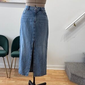 Dynamite Blue Denim Midi Skirt with Front Slit